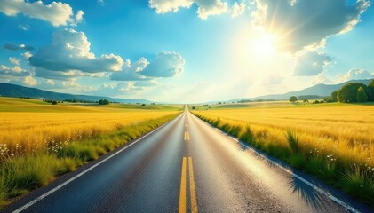 Sunny road stretching into the distance on a bright day Perfect for travel, summer, and adventure themes , sun, long