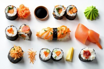 Variety of sushi rolls, soy sauce, wasabi, ginger, white background, sauce, white