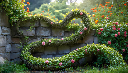 Serpentine garden sculpture with pink and orange roses in sunlit outdoor setting