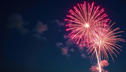 Vibrant celebratory fireworks explode in the night sky, showering sparks and light , glow, victory, breathtaking