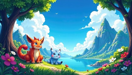Vibrant anime-style illustration featuring fantastical creatures and scenery , clouds, beast, graphic