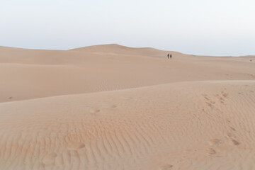 Coppia che cammina tra le dune del deserto al tramonto