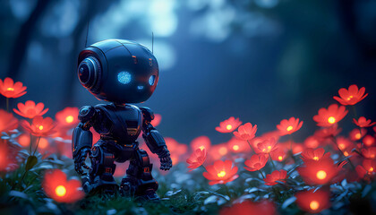 Small robot exploring vibrant red flowers in peaceful moonlit garden setting