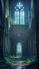 Sunlight illuminates spiderweb in abandoned gothic cathedral with overgrown vegetation