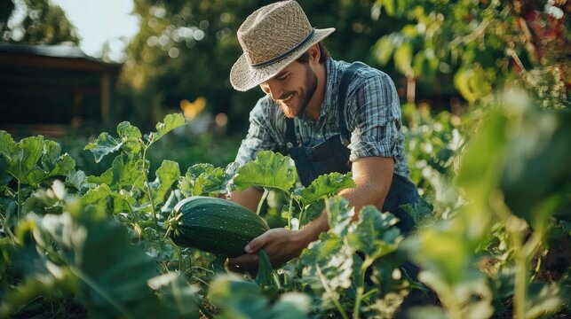 A gardener harvesting fresh zucchinis from a flourishing zucchini plant in the backyard.