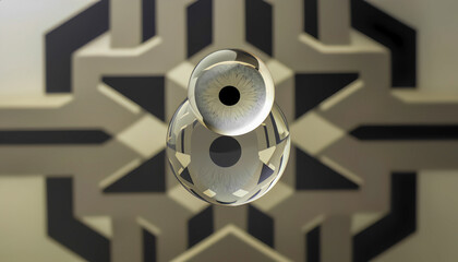 Surreal floating eye with geometric background in neutral tones