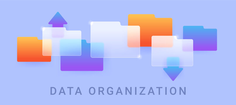 Data organization composition on blue background. Glass morphism folders vector illustration