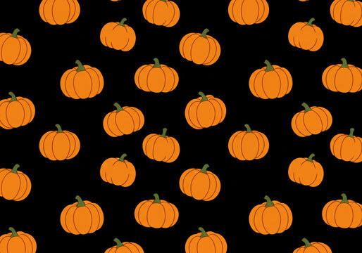 A seamless pattern of orange pumpkins with green stems on a black background for halloween season decor