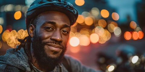 Friendly African American delivery courier in his 20s smiles, wearing a helmet. He stands with his electric scooter on a bustling city street at twilight.