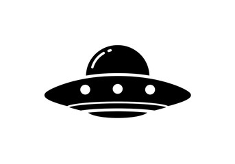 A black and white illustration of a flying saucer with a dome and three round lights on a white background
