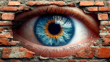Surreal image of eye through brick wall with blue and orange details