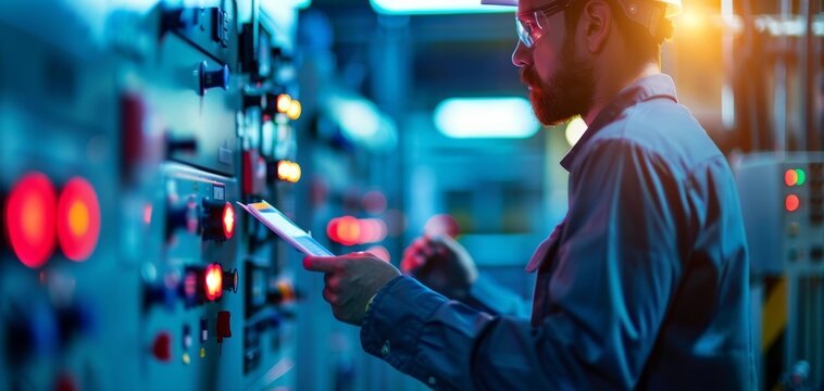 A man examines controls in a dimly lit industrial setting, using a tablet to monitor operations, highlighting the intersection of technology and industry.