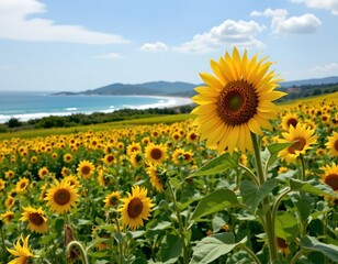 Fototapeta premium capture a tranquil coastal sunflower landscape in early summer, position sunflowers on the right side, leaving ample copy space on the left for text.