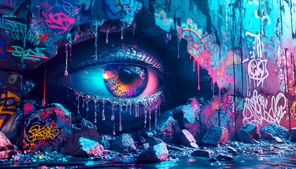 Vibrant graffiti art featuring large eye mural on urban wall with neon colors