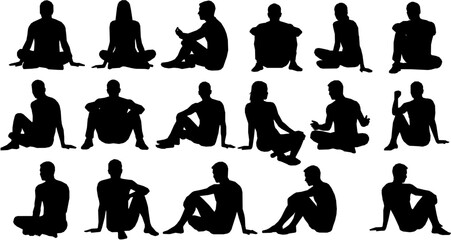Vector set of detailed silhouettes male and female sitting on the floor isolated on white background. Vector illustration
