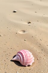 a realistic seashell resting on the sandy beach art prompt: paint a seashell in watercolor style with a soft pink pastel color tone, positioned at the bottom of the image