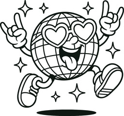 Fototapeta premium Black and white outline Happy Disco Ball Mascot with Heart Glasses Surrounded by sparkling stars and showing playful expression. Perfect for retro party, music event, or celebration themes