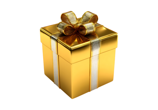 Luxurious gold gift box with elegant silver ribbon bow, On Transparent Background