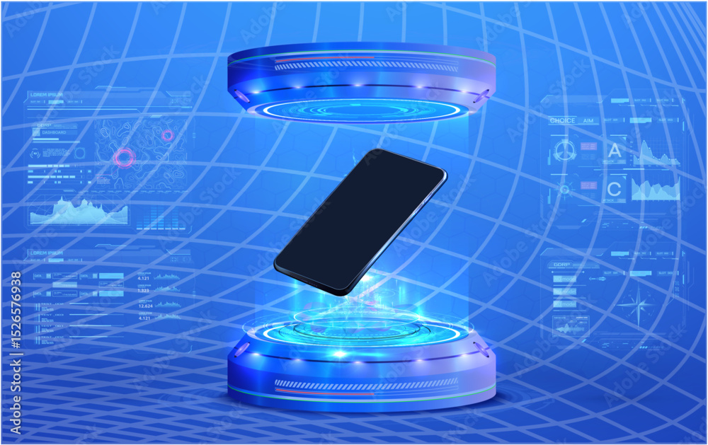 Aufkleber A sleek smartphone hovers in a glowing circular platform surrounded by dynamic holographic data visualizations. This advanced setup suggests cutting-edge technology and innovation.