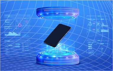 A sleek smartphone hovers in a glowing circular platform surrounded by dynamic holographic data visualizations. This advanced setup suggests cutting-edge technology and innovation.