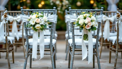 wedding chairs adorned with white ribbons and bouquets, electric blue tones, top position with clear copy space at the bottom, ideal for wedding planners and wedding motifs.