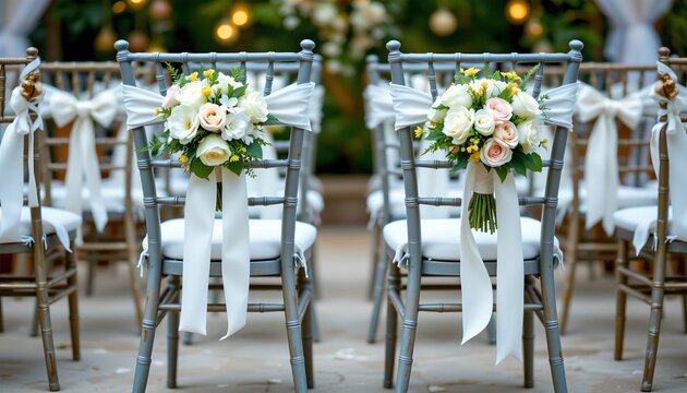 wedding chairs adorned with white ribbons and bouquets, electric blue tones, top position with clear copy space at the bottom, ideal for wedding planners and wedding motifs.