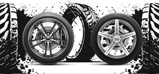Two car tires are showcased side by side, featuring different designs. A vibrant mural in the background emphasizes movement and power, enhancing the visual contrast of the tires.