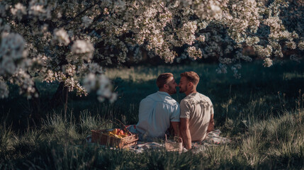 Two men are sitting on a blanket in a field of flowers
