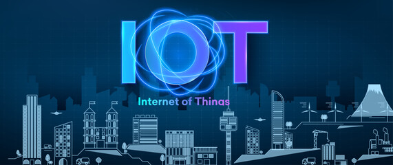 A vibrant illustration depicting the concept of Internet of Things. The design includes an urban skyline with technology symbols, showcasing innovation in daily life and connectivity.