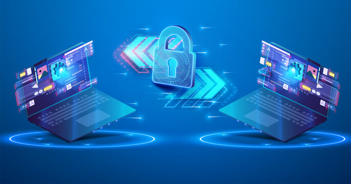 Visuals depict two laptops exchanging data surrounded by a glowing padlock symbol, emphasizing cybersecurity and safe data transfer in a digital landscape.