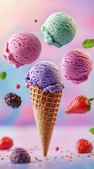 Image of colorful ice cream scoops floating and levitating in the air above a classic waffle cone. The background is soft pastel.