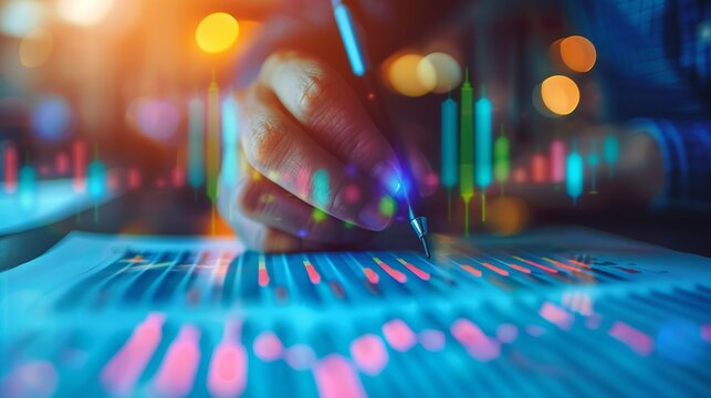 A person writes on a document with colorful data graphics and glowing lights in the background, suggesting analysis or planning.