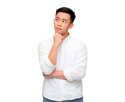 Thoughtful young man in casual white shirt contemplating ideas