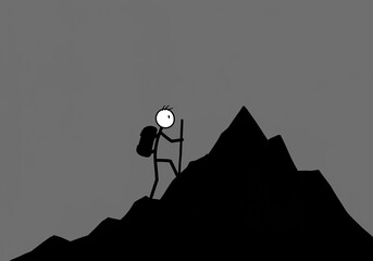 Minimalist Stick Figure Hiking a Mountain – Symbol of Adventure and Perseverance