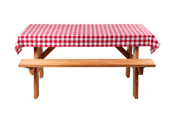 Rustic picnic table with red checkered tablecloth isolated on transparent background for outdoor dining theme