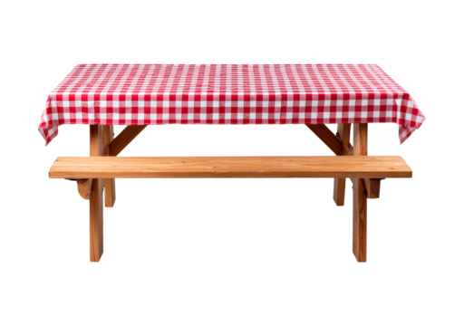 Rustic picnic table with red checkered tablecloth isolated on transparent background for outdoor dining theme