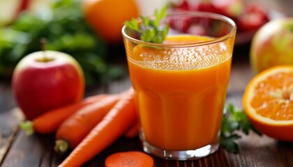 A vibrant glass of orange juice surrounded by fresh apples, carrots, and greens on a wooden surface.