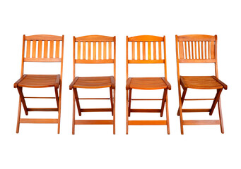 Set of four wooden folding chairs isolated on transparent background, PNG for home decor and outdoor design