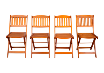 Set of four wooden folding chairs isolated on transparent background, PNG for home decor and outdoor design