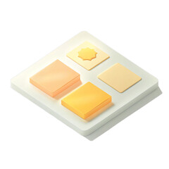3D isometric icon set with various shapes including squares and a sun symbol in soft yellow and orange tones isolated on black background