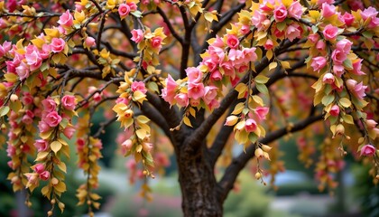 colorful floral tree with multicolor leaves on hanging branches, subject positioned on the right with clear copy space on the left for photos.
