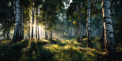 Obraz premium Stunning landscape of a tranquil birch forest at golden hour. Low sun filters through the trunks, casting dramatic god rays and long shadows on lush grass.