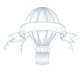 Vector drawing of a vintage hot air Balloon with ribbon and bunting for baby shower invitations or newborn greeting cards. Linear illustration of retro aircraft in pastel blue color for nursery.