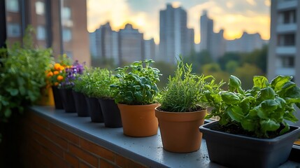 Fototapeta premium A flourishing herb garden on a balcony with a beautiful cityscape backdrop.