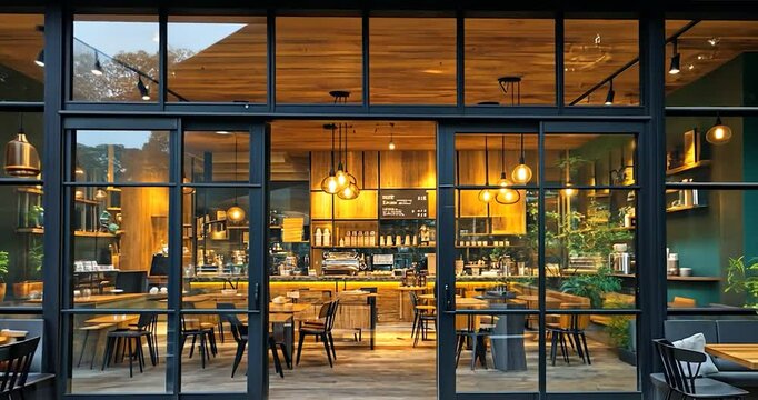 Restaurant interior design featuring glass walls, wooden walls and ceiling and overhead lighting, a cafe with tables and chairs