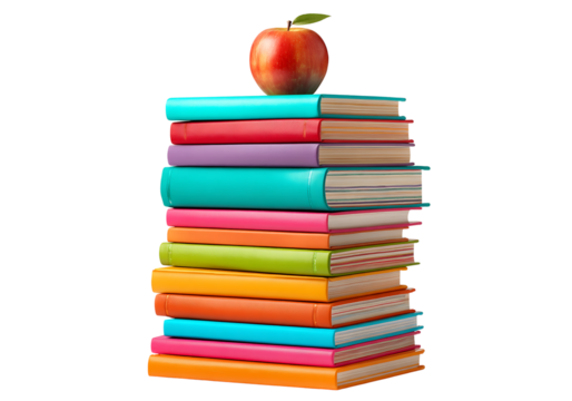 Colorful stack of books with red apple on top back to school education, On Transparent Background - Powered by Adobe