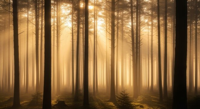 Fototapeta Golden sunbeams pierce through the misty forest creating a serene and tranquil woodland scene.