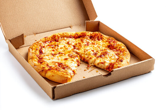 a pizza in a box with a slice missing