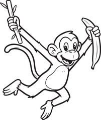 A black and white cartoon sketch of a monkey swinging with a banana