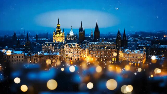 Nightfall Skyline: A mesmerizing cityscape comes alive with the warm embrace of twilight, where majestic architectural wonders are kissed by the tranquil beauty of a starlit sky.